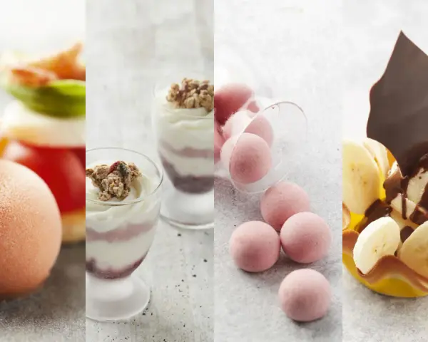 Une quenelle de glace rose pâle, des verrines de yaourt et granola, des boules roses et un dessert banane chocolat.