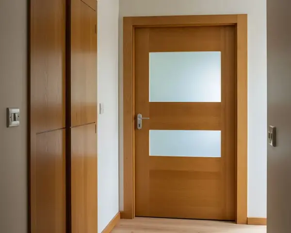 Jak przerobić stare drzwi z szybą na nowoczesne? Drewniane drzwi z dwoma matowymi przeszkleniami i minimalistycznym uchwytem.
