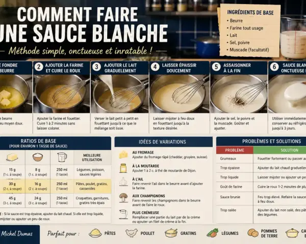 Étapes pour faire une sauce blanche onctueuse : faire fondre le beurre, ajouter la farine, puis le lait. Assaisonner à la fin.