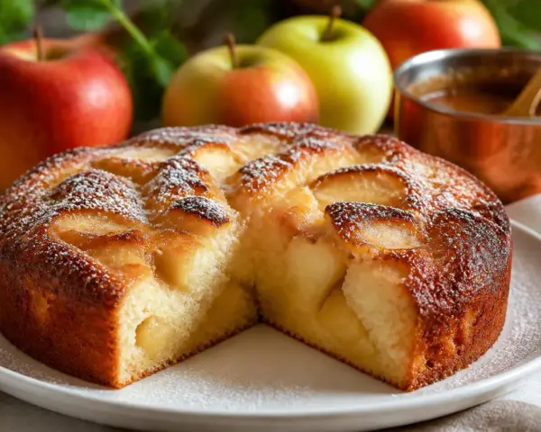 Un délicieux gâteau aux pommes, saupoudré de sucre glace, avec des pommes fraîches en arrière-plan.