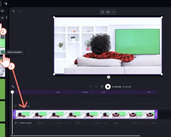 Interfaccia di editing video con ricerca "green screen cinema". Clip aggiunta alla timeline.