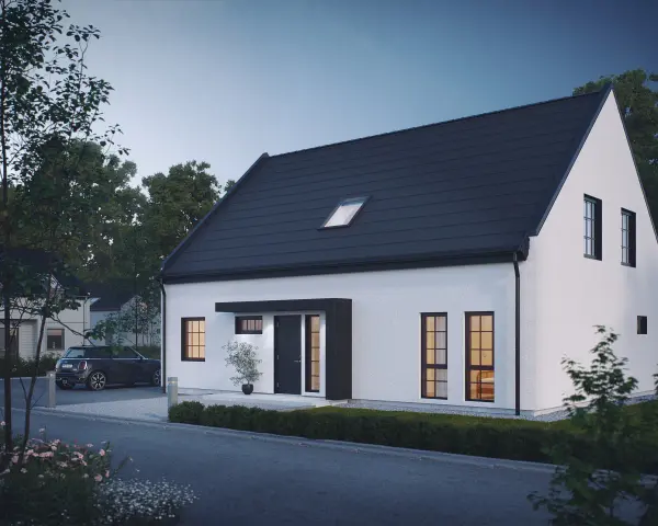 Modern vit villa med mörkt tak, perfekt inspiration framsida hus. En bil parkerad på uppfarten.