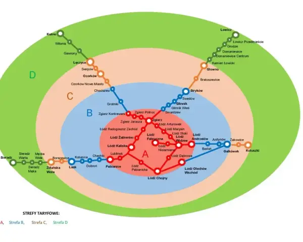 Mapa stref taryfowych dla **wspólnego biletu samorządowego** obejmująca Łódź i okolice, z zaznaczonymi liniami kolejowymi i nazwami miejscowości.