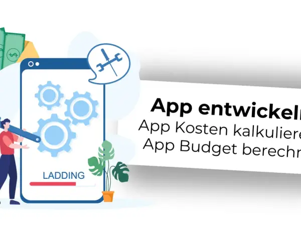 Ein Mann mit Werkzeug vor einem Smartphone-Bildschirm, der Zahnräder und eine Ladeanzeige zeigt. Geld im Umschlag. Ein web app beispiel für App-Entwicklungskosten.