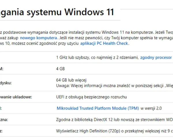 Tabela z wymaganiami systemu Windows 11: procesor 1 GHz, 4 GB RAM, 64 GB miejsca na dysku, UEFI, TPM 2.0, DirectX 12.