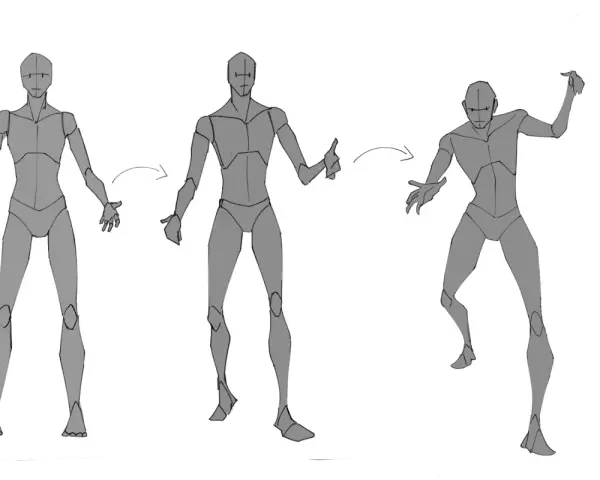 Figuras grises muestran poses para dibujar, evolucionando de una pose estática a una dinámica.