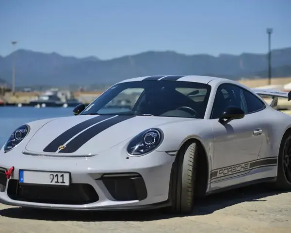 Szary Porsche 911 Carrera z czarnymi pasami na masce i dachu, zaparkowany nad wodą z górami w tle.