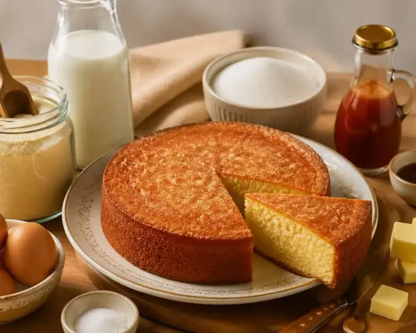 Un délicieux gâteau de semoule, doré et moelleux, entouré d'ingrédients frais : œufs, lait, sucre, beurre et une touche de sirop.