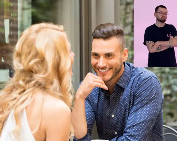 Mężczyzna z tatuażami, stosujący pua techniki, flirtuje z blondynką na randce. W tle inny mężczyzna.