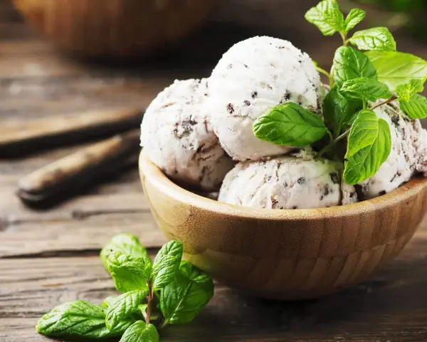 Schüssel mit Stracciatella Eis und frischer Minze auf Holzhintergrund.