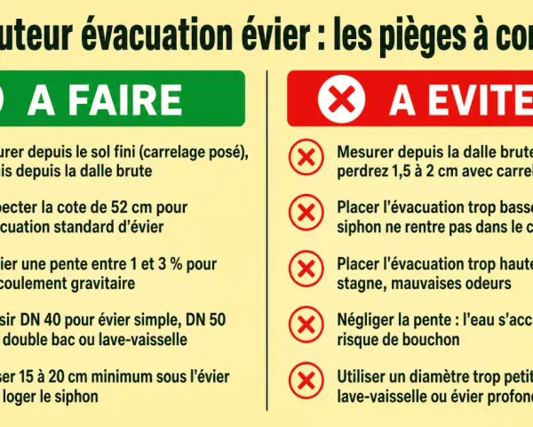 Conseils pour la hauteur d'évacuation d'évier : à faire et à éviter. Mesurer depuis le sol fini, respecter 52 cm, vérifier la pente. Éviter une évacuation trop basse ou trop haute.