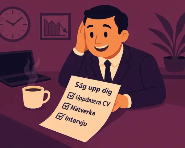 Man med checklista för att byta jobb: uppdatera CV, nätverka, intervju. Kaffe och laptop på skrivbordet.