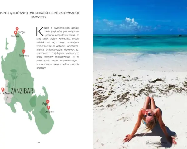 Piękna plaża na wyspie Zanzibar, turkusowa woda i biały piasek. Kobieta wyleguje się na piasku.