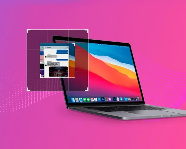 Un MacBook con uno schermo che mostra una conversazione di messaggi e un'anteprima di cattura schermo.