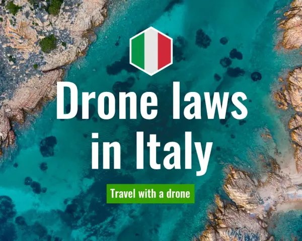 Aerial view of a stunning Italian coastline with text overlay: "Drone laws in Italy. Travel with a drone.