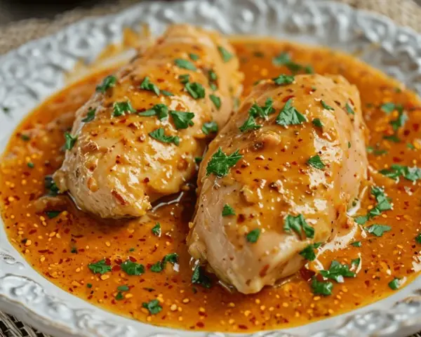 Dos pechugas de pollo en una sabrosa salsa naranja, espolvoreadas con perejil fresco picado.