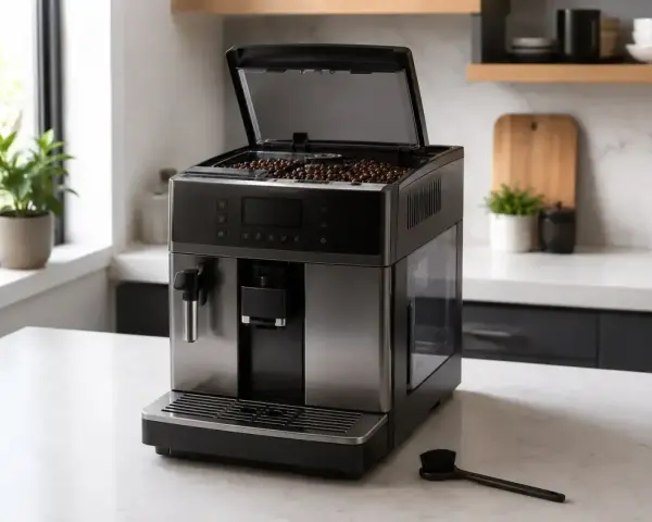 Automatyczny ekspres DeLonghi Dinamica z otwartą klapą na ziarna kawy. Obok szczoteczka do czyszczenia, przydatna, gdy zastanawiasz się, jak wyczyścić młynek do kawy w ekspresie.