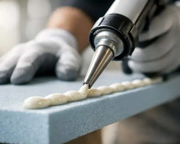 En person med handskar använder en fogpistol för att måla cellplast med ett vitt klister.