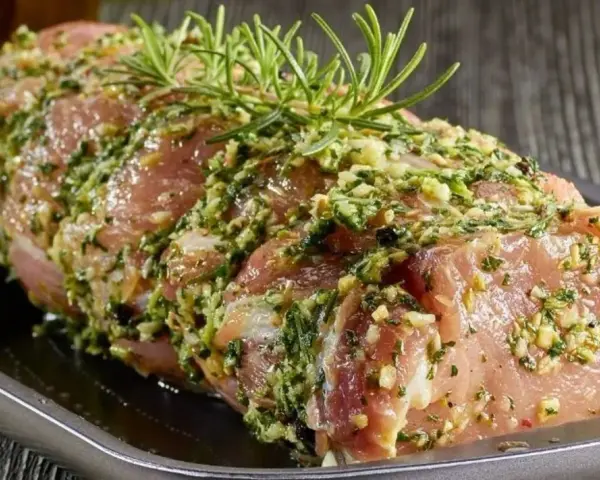Schab w aromatycznej marynacie z czosnku, ziół i rozmarynu, gotowy do pieczenia.