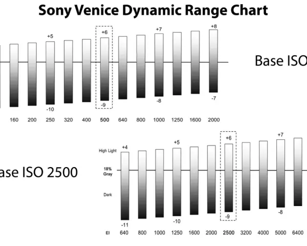 Wykresy Sony Venice pokazują rozpiętość tonalną dla bazowych ISO 500 i 2500. Wyższe ISO oferuje szerszy zakres, co pozwala uchwycić więcej detali w jasnych i ciemnych partiach.