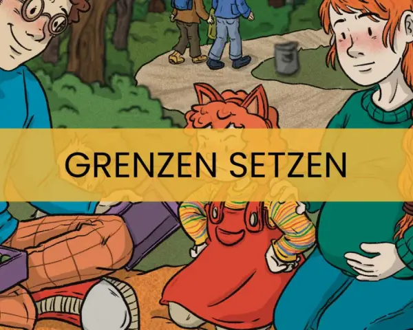 Zwei Erwachsene und ein Kind mit frechen Gesichtern sitzen im Gras. Ein gelbes Banner mit der Aufschrift "Grenzen setzen" überlagert die Szene.