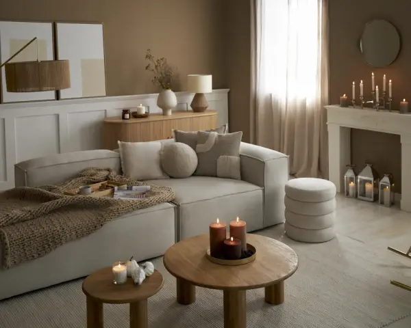 Przytulny salon w odcieniach sepia kolor. Miękki narożnik, drewniane stoliki, kominek z świecami i ciepły pled tworzą atmosferę relaksu.