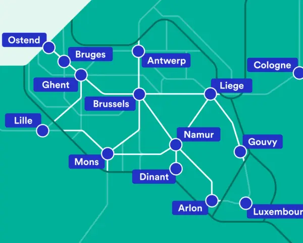 Map showing train routes connecting major cities in Belgium, including Brussels, Antwerp, and Ghent, with international connections to Lille, Cologne, and Luxembourg.