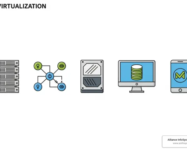 Icons representing IT virtualization: servers, network diagram, hard drive, computer with data, and smartphone.