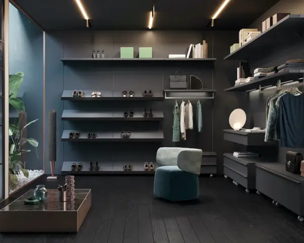 Armadio moderno organizzato con mensole per scarpe e abiti appesi, ideale per chi ama organizzare armadio senza cassetti.