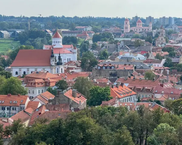 Widok na Wilno z wzgórza Giedymina. Czerwone dachy, białe kościoły i zielone drzewa tworzą malowniczy krajobraz.