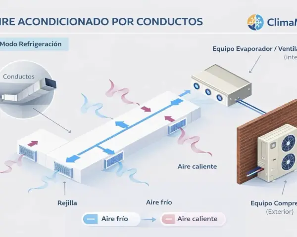 Diagrama ilustra el **consumo aire acondicionado por conductos** en modo refrigeración, mostrando el equipo interior y exterior, conductos y rejillas.