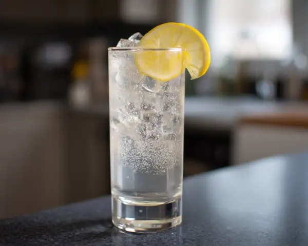 Ett glas med is och bubblor, toppad med en citronskiva. En klassisk Tom Collins, redo att avnjutas.