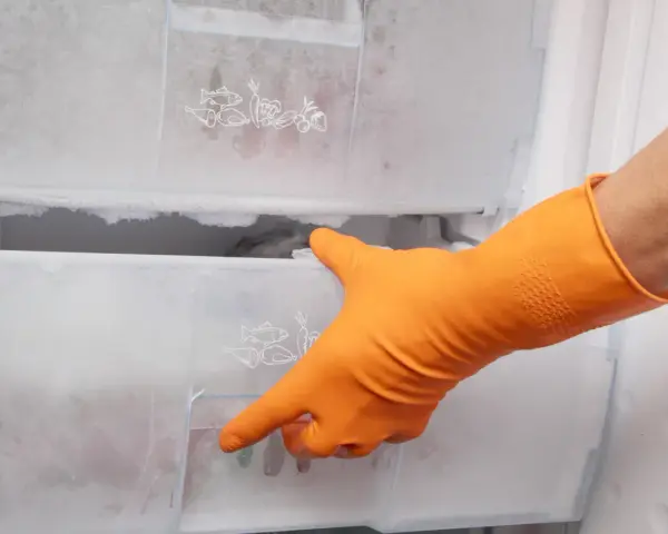 Orange-gloved hand opens a frosty drawer in a freezer. Time to gefrierfach abtauen.