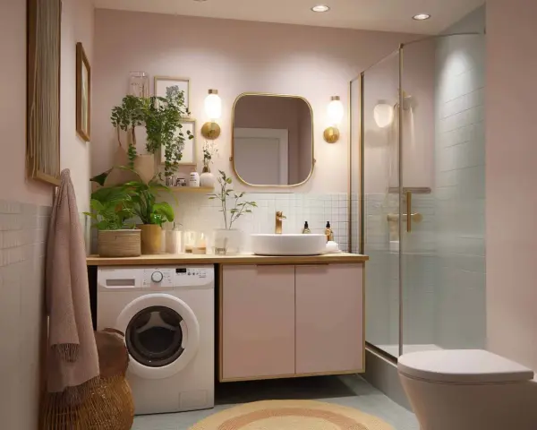 Ein kleines Bad einrichten: Waschmaschine, Waschbecken, Dusche und WC in zarten Rosatönen, mit Pflanzen und goldenen Akzenten.