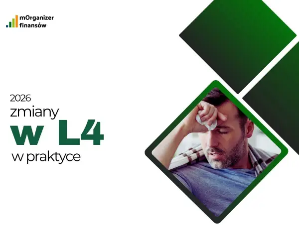 Mężczyzna z gorączką i chusteczką na czole, obok napisu "2026 zmiany w L4".