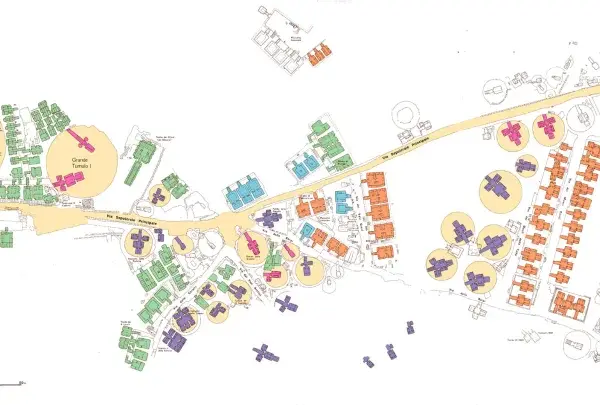 Map of the Etruscan necropolis of Banditaccia, Cerveteri, showing various tombs and tumuli, color-coded for identification.