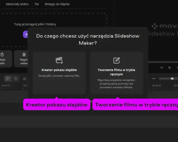 Wybierz "Kreator pokazu slajdów" lub tryb ręczny w Movavi Slideshow Maker.