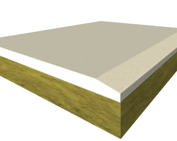 Sezione di un pannello isolante con un cappotto lana di roccia, ideale per l'edilizia sostenibile.