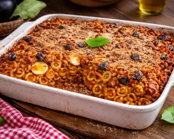 Piatto di anelletti alla siciliana appena sfornato, con uova sode, olive nere e una croccante panatura.