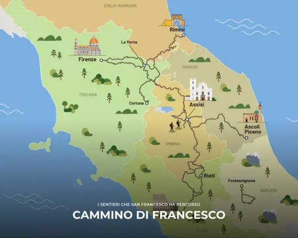 Mappa illustrata del Cammino di Francesco, che mostra i sentieri spirituali in Italia da Rimini ad Assisi, Rieti e oltre.