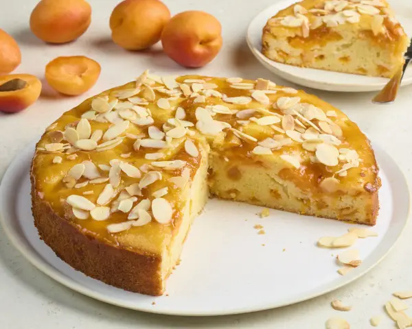 Saftiger aprikosenkuchen mit frischen aprikosen und Mandelblättchen, ein Stück bereits angeschnitten.