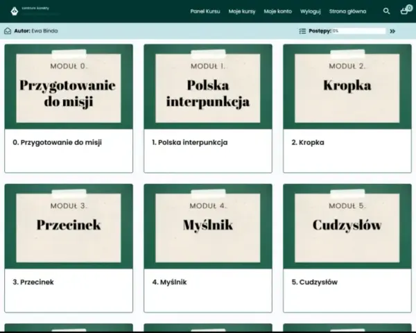 Moduły kursu o interpunkcji: przygotowanie, polska interpunkcja, kropka, przecinek, myślnik, cudzysłów.