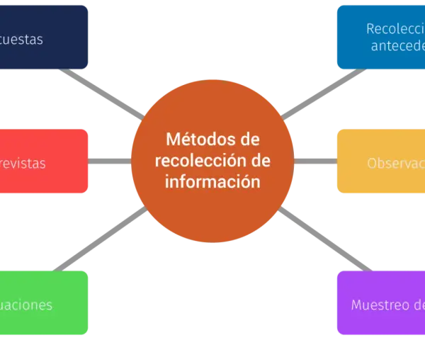 Diagrama de los tipos de investigación de mercados: encuestas, entrevistas, evaluaciones, recolección de antecedentes, observaciones y muestreo de campo.
