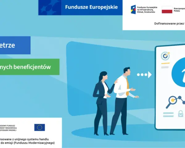 Ilustracja przedstawia ludzi i ikonę informacji na ekranie, symbolizującą poradnik.