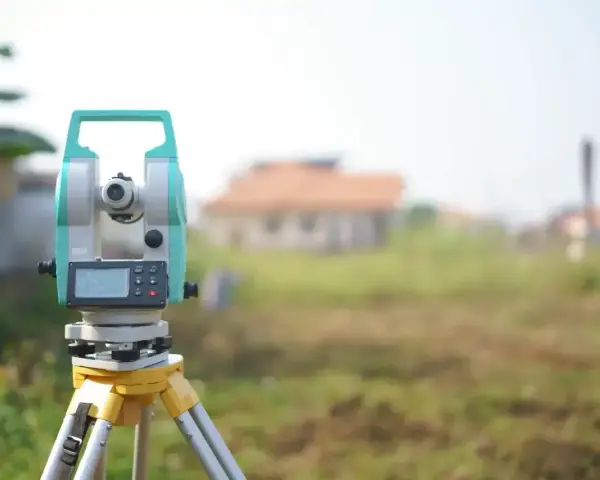Precyzyjne wznowienie granic działki za pomocą tachimetru. Geodeta przygotowuje teren pod budowę.