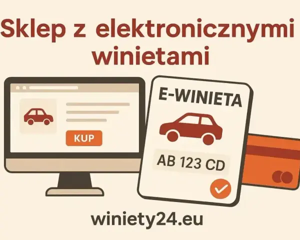 Kupuj elektroniczne winiety na Słowację online. Komputer z przyciskiem "KUP", e-winieta z numerem rejestracyjnym i karta płatnicza.