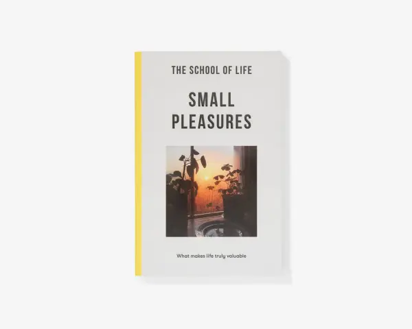 The School of Life book cover, "Small Pleasures," features a sunset view through a window with houseplants, reminding us of life's simple pleasures.