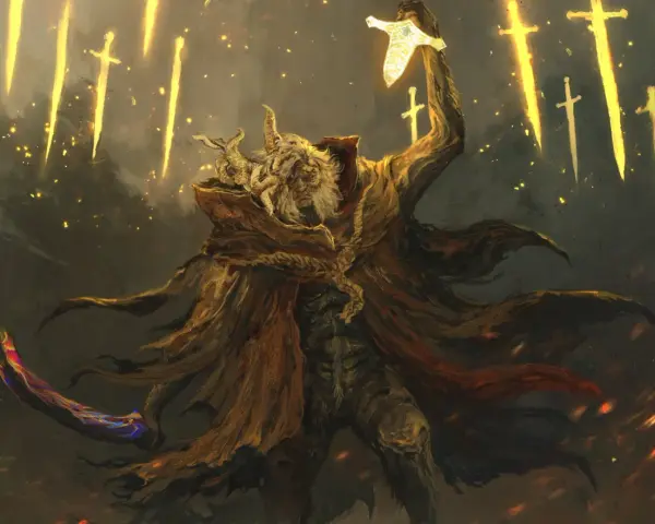 Un poderoso guerrero, uno de los personajes de Elden Ring, alza una espada dorada bajo una lluvia de espadas celestiales.