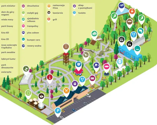 Mapa atrakcji w **Dream Park Ochaby**: park miniatur, park dinozaurów, kino 6D, dmuchańce, plac zabaw, restauracja i wiele innych.