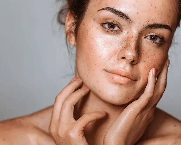 Visage d'une jeune femme aux taches brunes naturelles, ses mains caressant délicatement sa peau.